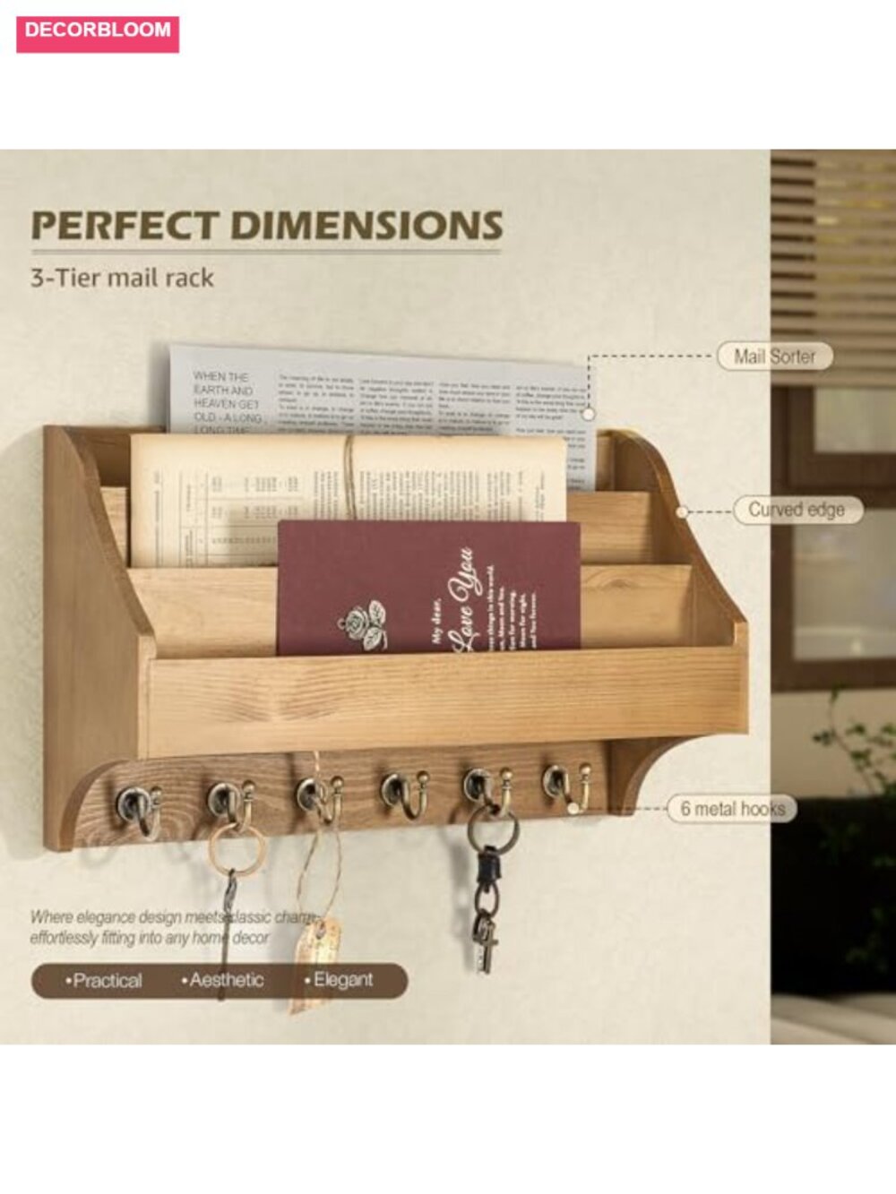 Rustic 3-Tier Key Holder Wall Mount with Sturdy Hooks Solid Pine Wood Mail - Picture 3 of 5